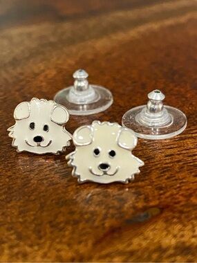 White Enamel Puppy Dog Face Post Pierced Earrings